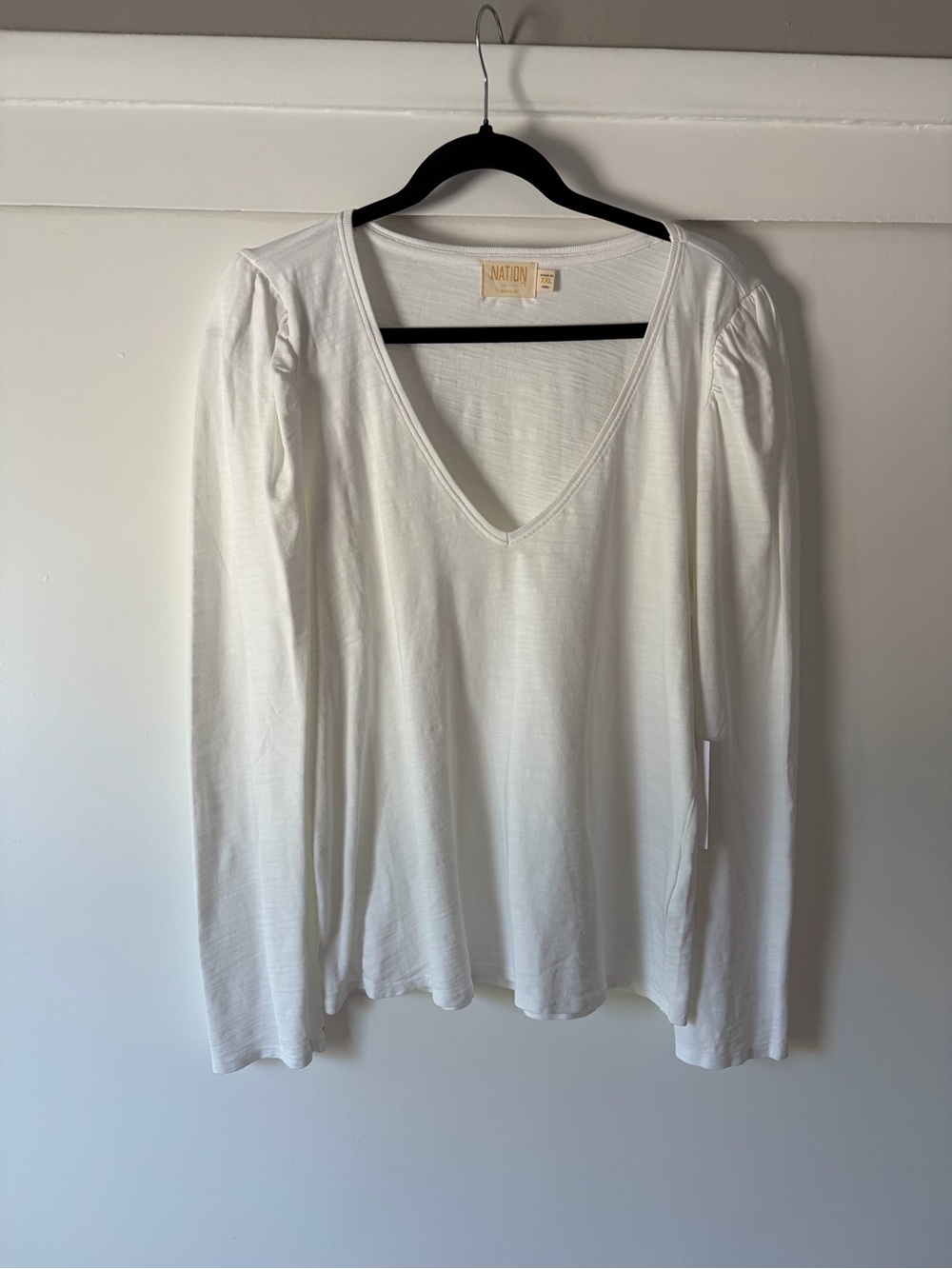 XXL Nation LTD White Pima Cotton Puff Sleeve V-Neck Long Sleeve Tee